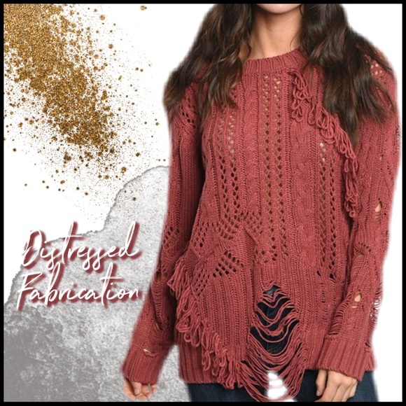 Boutique Sweaters - Distressed Cableknit Sweater in Marsala